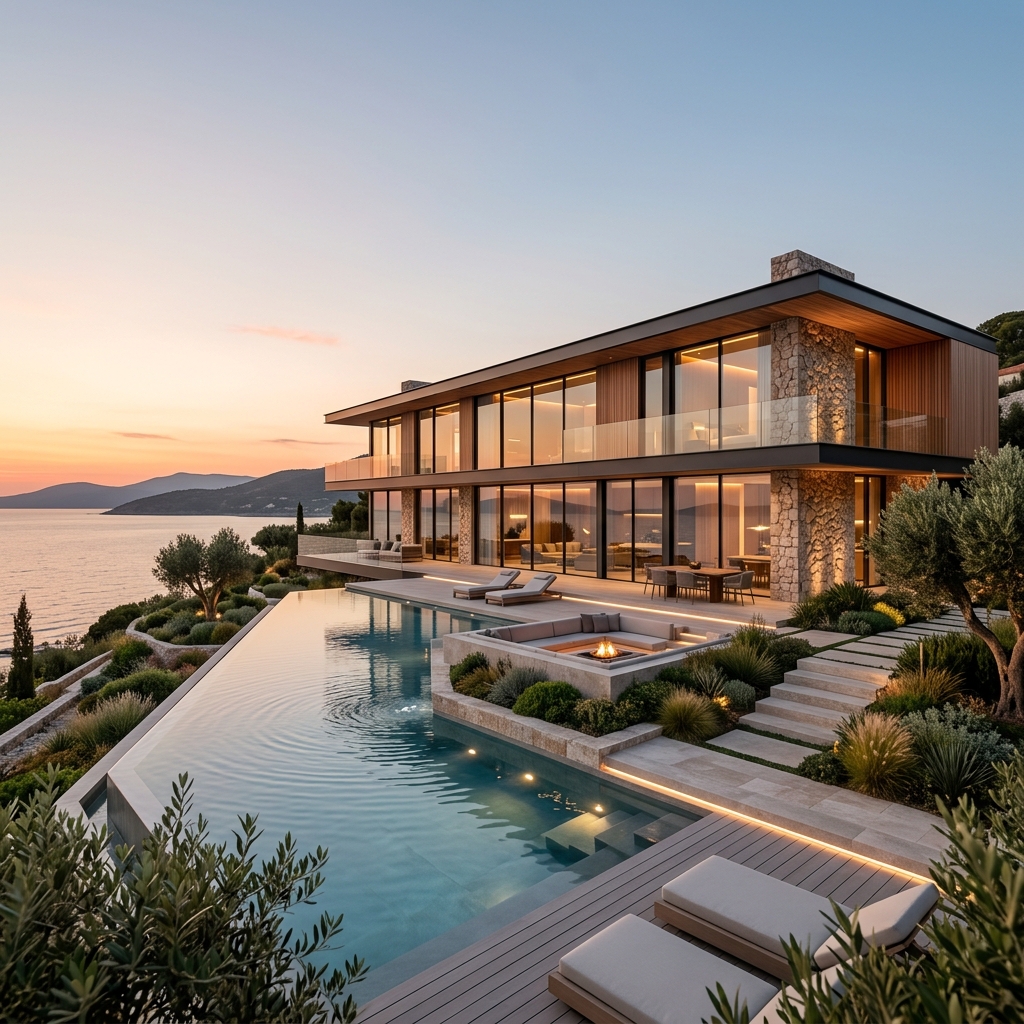 Modern luxury villa exterior with infinity pool, built by IVA Infrastructure Coimbatore